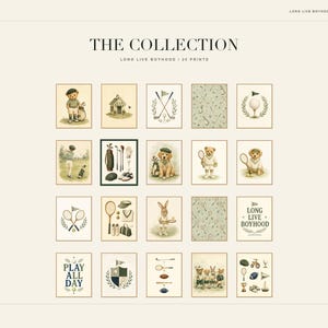 May include: A collection of twenty digital art prints titled The Collection: Long Live Boyhood. The prints feature illustrations of teddy bears, rabbits, and dogs engaged in sports like golf and tennis, alongside equipment, crests, and text.