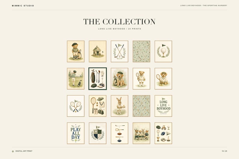 May include: A collection of twenty digital art prints titled The Collection: Long Live Boyhood. The prints feature illustrations of teddy bears, rabbits, and dogs engaged in sports like golf and tennis, alongside equipment, crests, and text.