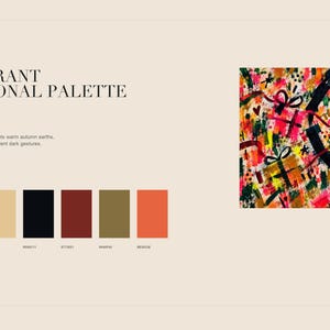 A slide explaining the vibrant seasonal color palette of the artwork, featuring swatches of red, beige, black, brown, olive, and orange.
