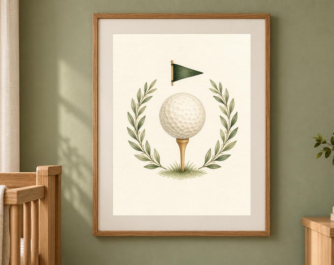 Golf Nursery Print with Vintage Tee Time, Sage Green Boy Room Art, Printable Download