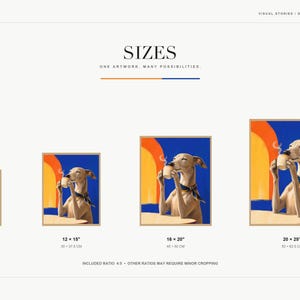 A sizing guide graphic showing four different framed prints of the greyhound coffee artwork in various dimensions.
