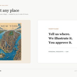May include: A digital art service interface featuring the text Request any place, The world is your gallery, and Tell us where. We illustrate it. You approve it. An illustration of New York City with the Statue of Liberty is displayed on the left.