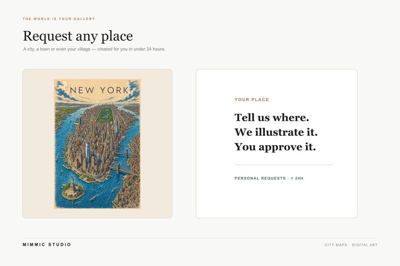May include: A digital art service interface featuring the text Request any place, The world is your gallery, and Tell us where. We illustrate it. You approve it. An illustration of New York City with the Statue of Liberty is displayed on the left.