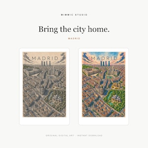 May include: Two vertical art prints of Madrid, Spain, featuring an aerial city view with the text "MADRID" at the top. One print is in a monochromatic sepia tone, while the other is in full color with blue skies, green parks, and terracotta roofs.