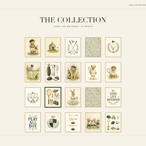 May include: A collection of twenty rectangular art prints arranged in a grid, featuring illustrations of teddy bears, rabbits, and sporting equipment like golf clubs, tennis rackets, and balls. The text reads THE COLLECTION, LONG LIVE BOYHOOD.
