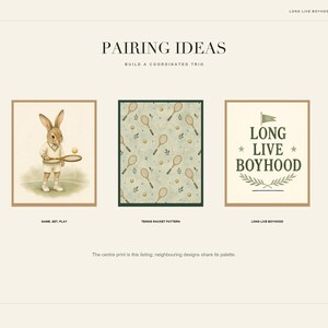 An informational layout suggesting a coordinated trio of wall art prints featuring a rabbit, tennis pattern, and text.