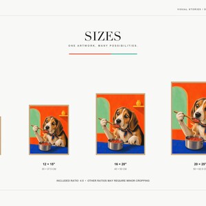 A size guide slide displays four scaled versions of the beagle art print ranging from 8x10 to 20x25 inches.