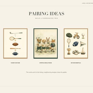 Puede incluir: Una muestra de impresiones de arte digital con tres ilustraciones enmarcadas bajo el t&iacute;tulo Pairing Ideas. La l&aacute;mina izquierda muestra equipamiento deportivo, la central cuatro animales antropom&oacute;rficos con ropa deportiva y la derecha varios objetos.