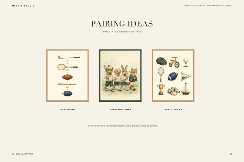 Puede incluir: Una muestra de impresiones de arte digital con tres ilustraciones enmarcadas bajo el t&iacute;tulo Pairing Ideas. La l&aacute;mina izquierda muestra equipamiento deportivo, la central cuatro animales antropom&oacute;rficos con ropa deportiva y la derecha varios objetos.