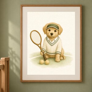 May include: A framed wall art print featuring a golden retriever puppy wearing a white cable knit sweater with green trim and a matching green visor. The puppy holds a wooden tennis racket, with two yellow tennis balls resting on the ground.