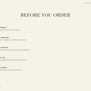 Informational list detailing pre-order terms including digital delivery, instant download, and personal use guidelines.