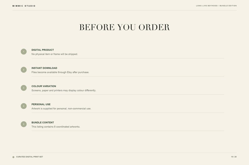 Informational list detailing pre-order terms including digital delivery, instant download, and personal use guidelines.