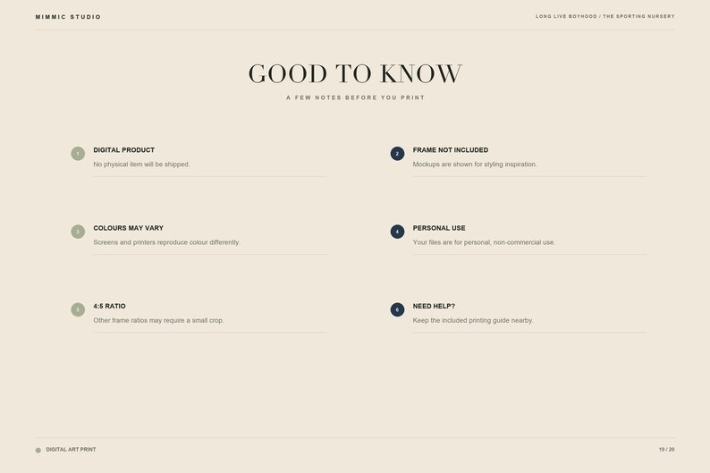 An informational page listing important notes about digital products, framing, color variation, and aspect ratios.