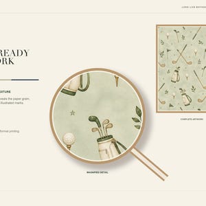 A digital graphic showcases a magnified circular detail of the watercolor golf pattern next to complete artwork.