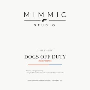 Title slide for the collection featuring the brand name Mimmic Studio and the Dogs Off Duty heading.