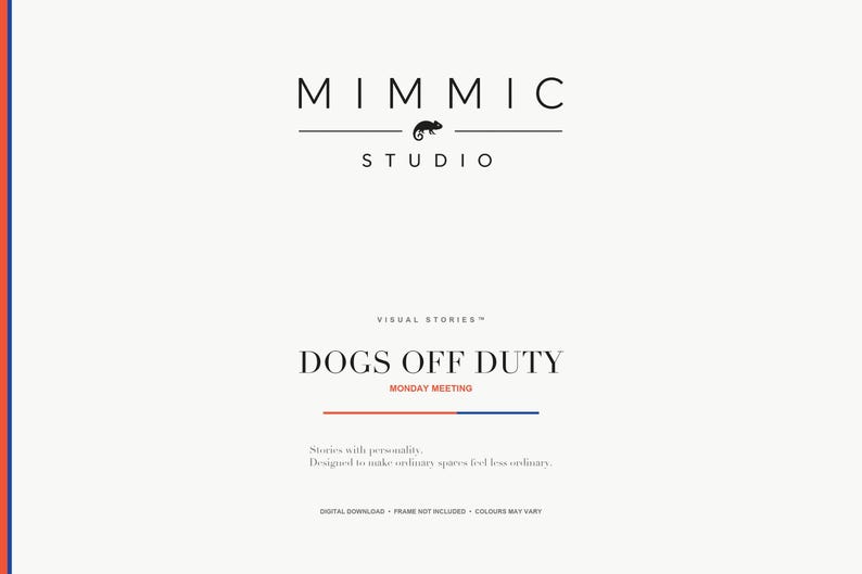 Title slide for the collection featuring the brand name Mimmic Studio and the Dogs Off Duty heading.