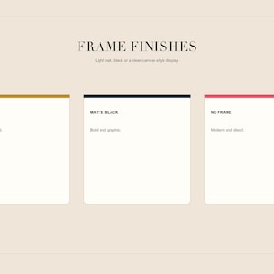 Informational graphic titled frame finishes showing light oak, matte black, and no frame options.