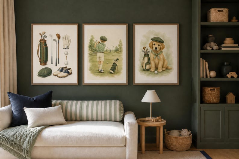 May include: Three framed wall art prints featuring golf-themed illustrations. The first print displays golf equipment including a bag, clubs, glove, balls, and shoes. The second shows a person golfing. The third depicts a puppy wearing a green cap.