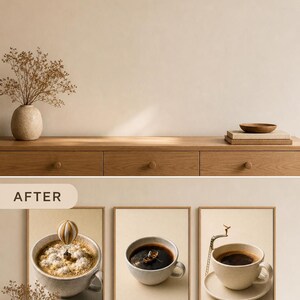 A before-and-after comparison showing an empty wooden shelf and then three framed coffee art prints displayed on the wall.