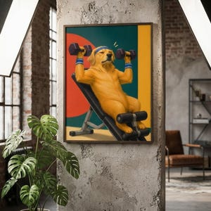 Golden Retriever Art, Colorful Printable Gym Poster with Dumbbells shown in an AI-generated listing photo