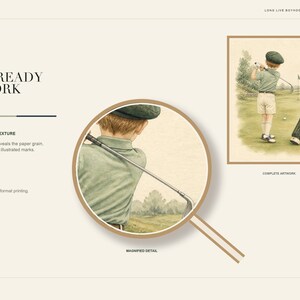 May include: A digital art print titled First Swing featuring a watercolor illustration of a child in a flat cap, polo shirt, and shorts swinging a golf club on a course. A magnifying glass overlay shows the paper grain and fine illustrated marks.
