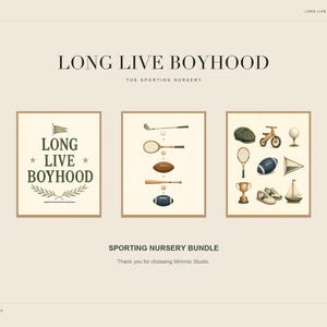 May include: A set of three digital prints titled Long Live Boyhood. The first print features the text Long Live Boyhood with a flag and laurel. The second shows various sports equipment. The third displays a collection of vintage-style items.