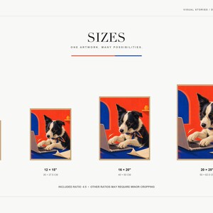Size guide slide displaying four different print dimensions for the border collie artwork.