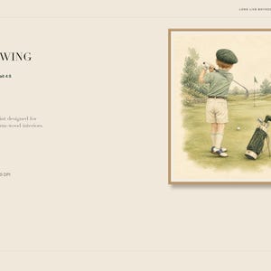 May include: A framed art print titled First Swing featuring a vintage-style illustration of a child in a green cap, green shirt, and beige shorts standing on a golf course holding a golf club, with a golf bag nearby on the grass.