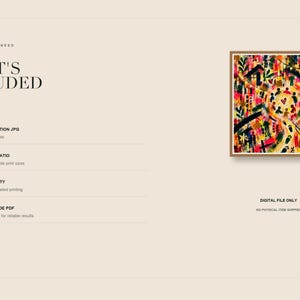 An informational product slide listing details about the digital download file next to a thumbnail of the framed print.