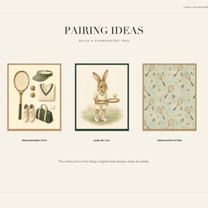 May include: A digital art print display titled PAIRING IDEAS featuring three tennis-themed illustrations. The left shows tennis equipment, the center depicts a rabbit holding a racket, and the right displays a repeating tennis racket pattern.