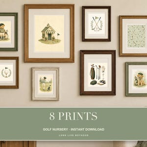 May include: A gallery wall set of eight framed art prints featuring golf-themed illustrations, including a teddy bear, a golf clubhouse, golf clubs, a golf ball, and a dog, all displayed in various wooden frames with white matting.