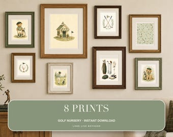 Golf Nursery Print Set of 8, Sage Green Preppy Baby Boy Wall Art, Vintage Golf Nursery Decor, Printable Download