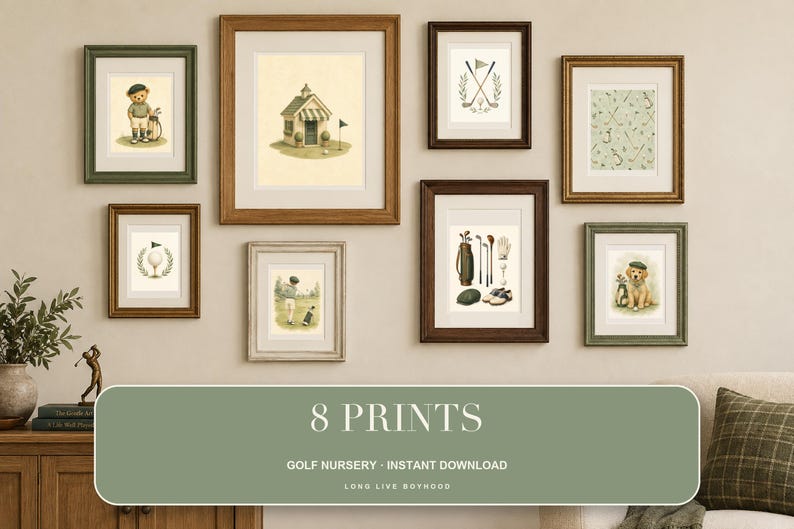 May include: A gallery wall set of eight framed art prints featuring golf-themed illustrations, including a teddy bear, a golf clubhouse, golf clubs, a golf ball, and a dog, all displayed in various wooden frames with white matting.