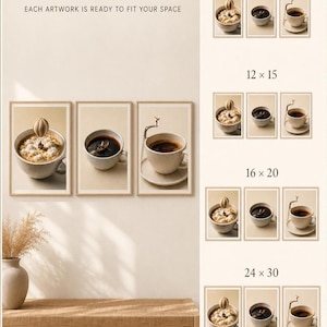 Infographic showing available print sizes from 8 by 10 to 24 by 30 inches alongside the three framed artwork panels.
