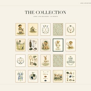 May include: A collection of twenty digital art prints titled THE COLLECTION LONG LIVE BOYHOOD. The grid displays illustrations of teddy bears, rabbits, and dogs engaged in sports like golf and tennis, alongside patterns and text reading PLAY ALL DAY.