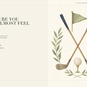 May include: A digital art print featuring two crossed golf clubs, a golf ball on a tee, a flag, and leafy branches. The text reads: "MIMMIC STUDIO", "LONG LIVE BOYHOOD / THE SPORTING NURSERY", "PRINT QUALITY", "TEXTURE YOU CAN ALMOST FEEL", "MATTE PAPER", and "RECOMMENDED WEIGHT 230-300 gsm".