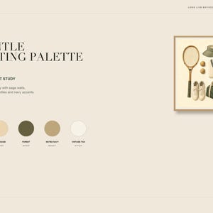 May include: A digital art print titled A GENTLE SPORTING PALETTE featuring a tennis equipment study. The image displays a wooden tennis racket, two balls, a visor, a V-neck sweater, two sneakers, and a duffel bag, alongside five color swatches.
