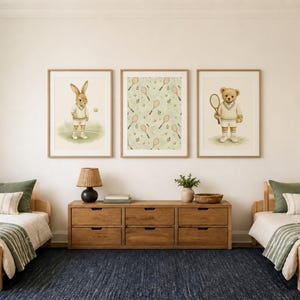 A mockup of a child bedroom with two wooden twin beds and three framed tennis themed prints hanging on the wall.