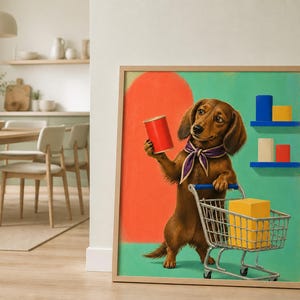 A framed art print of a dachshund standing on its hind legs and pushing a tiny shopping cart leans against a pale wall in a furnished dining room.