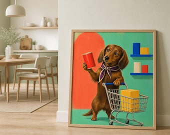 Dachshund Wall Art, Funny Grocery Shopping Dog Print, Colorful Kitchen Decor, Printable Download