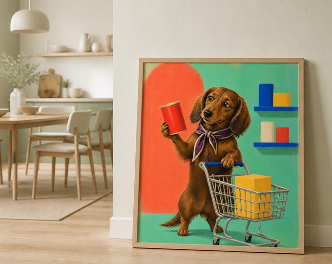 Dachshund Wall Art, Colorful Grocery Dog Poster Printable Kitchen Decor