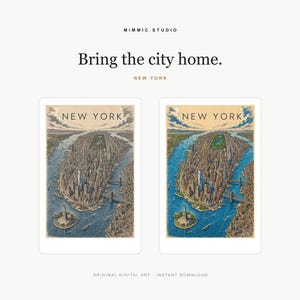 May include: Two digital art prints of New York City featuring an aerial view of Manhattan with the Statue of Liberty and Central Park. The text 'MIMMIC STUDIO', 'Bring the city home.', 'NEW YORK', and 'ORIGINAL DIGITAL ART INSTANT DOWNLOAD' is visible.