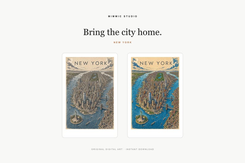 May include: Two digital art prints of New York City featuring an aerial view of Manhattan with the Statue of Liberty and Central Park. The text 'MIMMIC STUDIO', 'Bring the city home.', 'NEW YORK', and 'ORIGINAL DIGITAL ART INSTANT DOWNLOAD' is visible.