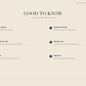 Puede incluir: Un gr&aacute;fico informativo beige titulado GOOD TO KNOW con seis puntos numerados sobre un producto digital. El texto incluye Digital Product, Frame Not Included, Colours May Vary, Personal Use, 4:5 Ratio y Need Help? con breves descripciones.