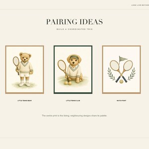 May include: A set of three digital art prints titled Pairing Ideas. The left print shows a teddy bear in tennis attire, the center print features a puppy in a tennis outfit, and the right print displays two crossed tennis rackets and a ball.