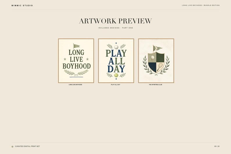 May include: A set of three digital art prints featuring sports-themed graphics. The first print displays the text LONG LIVE BOYHOOD with stars and laurel branches. The second says PLAY ALL DAY with a ball. The third shows a shield crest with a tennis racket.