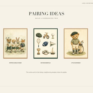 May include: A digital art print display titled PAIRING IDEAS featuring three framed illustrations: a group of animals in sporting attire, a collection of sports equipment icons, and a bear dressed as a golfer with a golf bag and clubs.