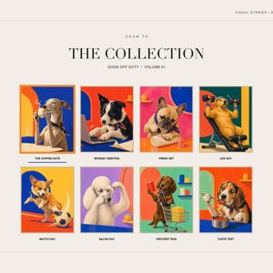 A collection grid displaying eight different comical dog art prints including the coffee date greyhound and other scenes.