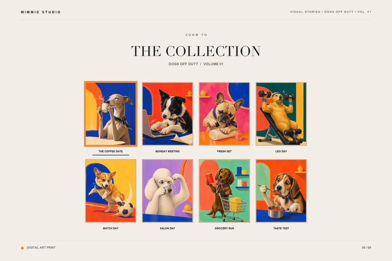 A collection grid displaying eight different comical dog art prints including the coffee date greyhound and other scenes.