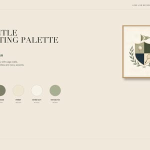 Puede incluir: Una impresi&oacute;n de arte digital que muestra un escudo con una pelota de golf, una raqueta de tenis y una bandera, enmarcada en madera. El texto dice A GENTLE SPORTING PALETTE, THE SPORTING CLUB, e incluye muestras de color WARM IVORY, SOFT SAGE, FOREST, MUTED NAVY y VINTAGE TAN.